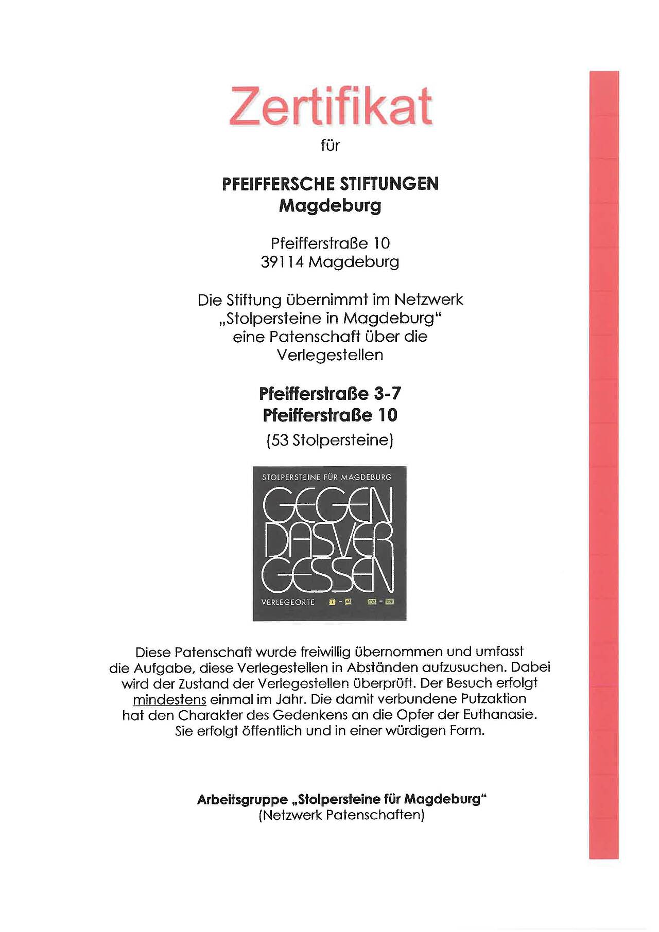 Besiegelt: Pfeiffers übernimmt die Patenschaft für die Stolpersteine in der Pfeifferstraße Zertifikat Patenschaftübernahme Stolpersteine